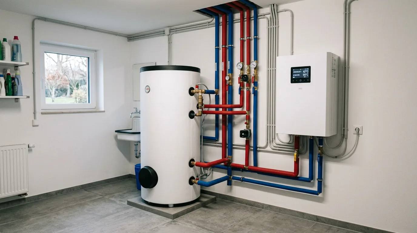 Innen-Einheit der Wärmepumpe mit großem weißen Pufferspeicher im Hauswirtschaftsraum