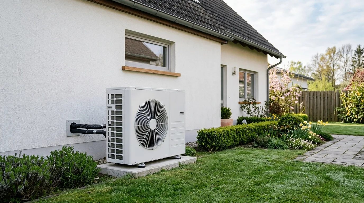 Moderne weiße Luft-Wärmepumpen-Außeneinheit auf einem Betonsockel neben der Hauswand im Garten