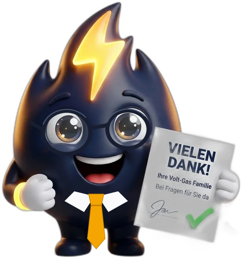 Volti, das Volt-Gas Maskottchen, im Business-Look mit Vertrag in der Hand
